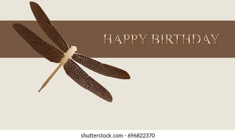 Dragonfly greeting card. Vector happy birthday luxury card with gold dragonfly.