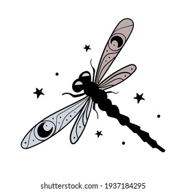 Dragonfly hand drawing with stars and crescent moon, mystical boho tattoo. Silhouette of a beautiful insect with wings, an element for natural design. Vector line illustration isolated on white