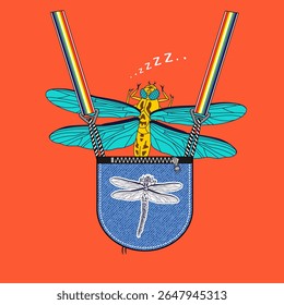 dragonfly hiding behind a small pouch, Cartoon Animals, Flat Vector Illustration