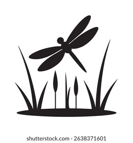 Dragonfly Hovering Above Pond Reeds Vector Silhouette Illustration