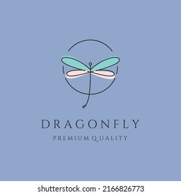 dragonfly icon with blue and pink wings line art logo vector symbol illustration design