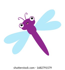 Dragonfly icon. Cute cartoon kawaii funny baby character. Violet color. Blue wings dragon fly Insect collection. Smiling face, horns. Kids clip art. White background. Isolated. Flat design. Vector