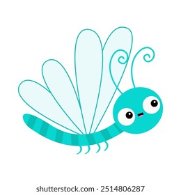 Dragonfly icon. Cute cartoon kawaii funny baby character. Blue wings dragon fly Insect animal. Smiling face, horns. Childish style. Sticker print. White background. Isolated. Flat design. Vector