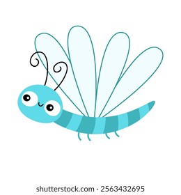 Dragonfly icon. Cute kawaii cartoon funny baby character. Blue wings dragon fly Insect animal. Smiling face, horns. Sticker print. White background. Childish style. Isolated. Flat design. Vector