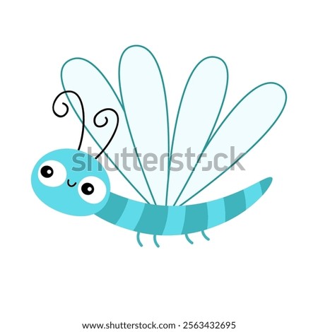 Dragonfly icon. Cute kawaii cartoon funny baby character. Blue wings dragon fly Insect animal. Smiling face, horns. Sticker print. White background. Childish style. Isolated. Flat design. Vector