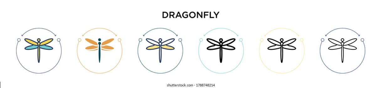Dragonfly icon in filled, thin line, outline and stroke style. Vector illustration of two colored and black dragonfly vector icons designs can be used for mobile, ui, web