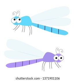 Dragonfly icon set. Cute cartoon kawaii funny character. Blue Violet dragon fly Insect. Big eyes. Smiling face, horns. Baby kids clip art. Flat design. White background. Isolated. Vector illustration