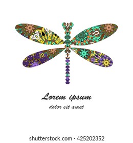 Dragonfly icon vector illustration on white background decorated with colorful mandala pattern. Can be used as logo for fashion, jewellery shop and as decor for greeting cards, brochures etc.