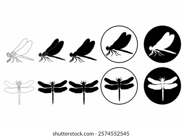 Dragonfly icons in outline and silhouette styles, with detailed wings and bodies. Includes circular variations.dragonfly icon,insect logo,nature symbol.