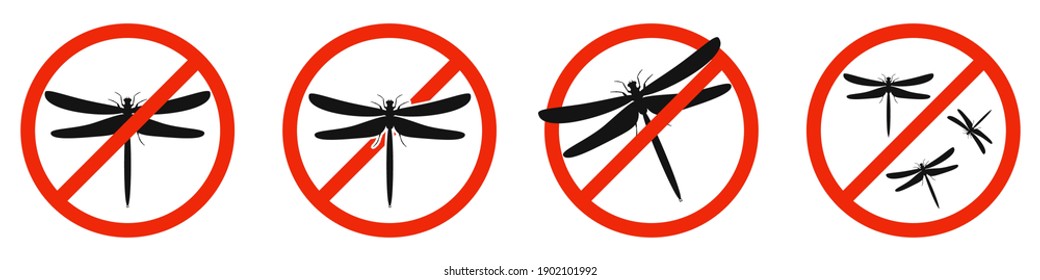 Dragonfly icons set. STOP dragonfly sign isolated. Icon of ban of Dragonfly. Vector illustration.