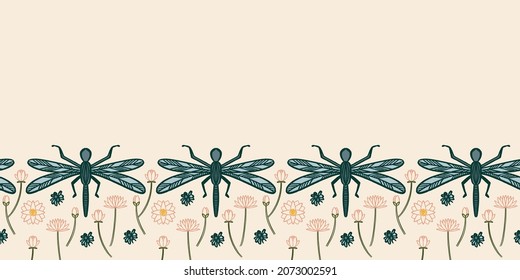 Dragonfly illustrations border with waterlily flowers background print. Fun surface pattern design, great for stationery and home decor.