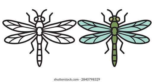 Dragonfly Insect Line Icons, Flat Design Bug Symbols with White and Green Options, Top View