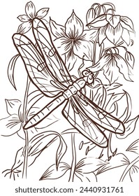 Dragonfly insects coloring book for children animals nature hand drawn print on a white background separately tropics leaves flowers vines graphics lines