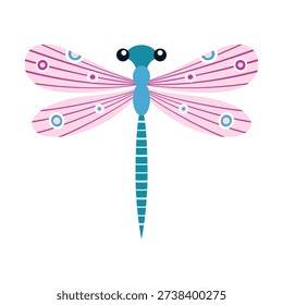 dragonfly  isolated on white background, beautiful insect with pink wings, green body and long tail, cartoon flat vector illustration