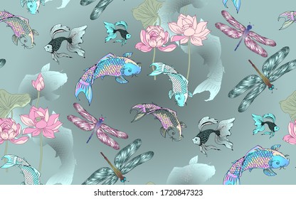 
Dragonfly and japanese fish seamless pattern. Vector illustration. Suitable for fabric, mural, wallpapers, wrapping paper and the like