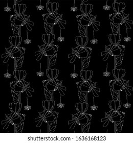 Dragonfly, ladybug, spider on iris flower seamless pattern. Monochrome hand drawn art design elements stock vector illustration for web, for print, bed cloth, for wallpaper, for upholstery