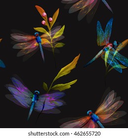 Dragonfly Leaves On Black Seamless Background Stock Vector (Royalty ...