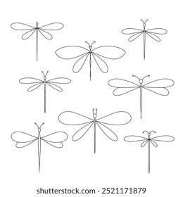 Libélula, ilustração linear em preto e branco desenhada à mão, vetor. O contorno, a silhueta de uma libélula voadora. Um elemento para decoração, decoração, livros de colorir. Um conjunto, uma coleção 