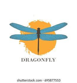 Dragonfly Logo Design Template. A colorful dragonfly on a background of colored splashes, watercolor stains. Fashionable illustration isolated on white. For label, badge, emblem, sign, identity.