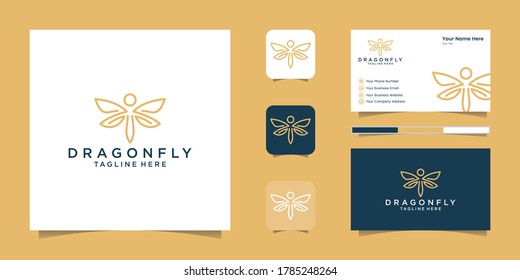 Dragonfly Logo design template line art style and business card