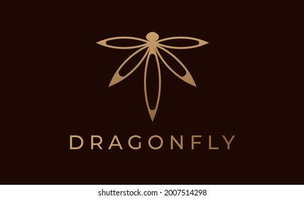 Dragonfly logo,  Elegant design with gold colour isolated on dark background, vector illustration