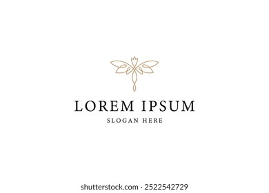 dragonfly logo with flower combination in luxury line art design