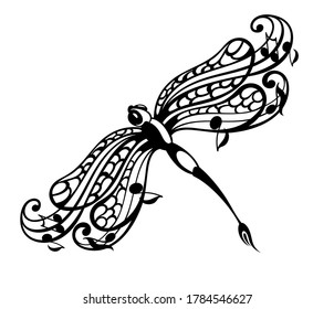 Dragonfly logo with line art and note symbols - vector.Music and dragonfly symbol. 