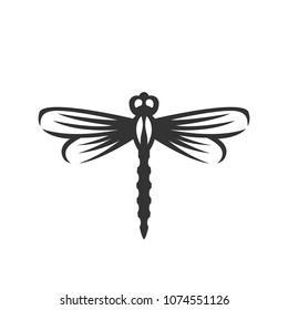 Dragonfly logo on white background. Flying insect vector icon. Emblem illustration isolated sign symbol