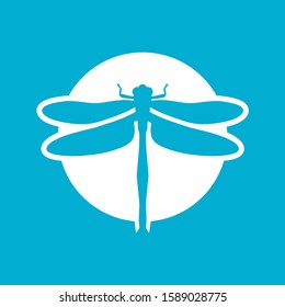 Dragonfly Logo White Icon on a Blue Background. Logo Template