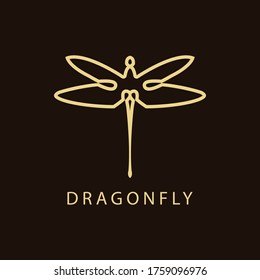Dragonfly Luxury Logo design template linear style. Golden Vector Illustration.