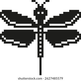 Libélula feita em preto sobre fundo transparente em estilo pixel art