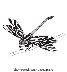 A Dragonfly made by hand drawn with black pen. It's has pattern on it's body head and wings.