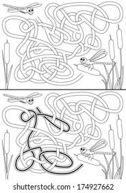 Dragonfly maze for kids with a solution in black and white