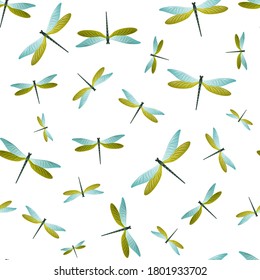 Dragonfly minimal seamless pattern. Repeating dress textile print with darning-needle insects. Close up water dragonfly vector illustration. Fauna creatures seamless. Damselflies with wings.