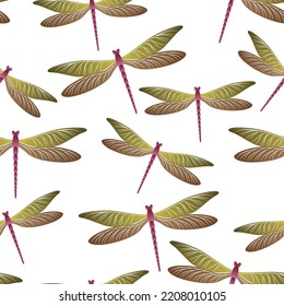 Dragonfly minimal seamless pattern. Repeating dress textile print with darning-needle insects. Close up water dragonfly vector ornament. Nature organisms seamless. Damselfly bugs.