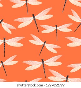 Dragonfly minimal seamless pattern. Spring clothes textile print with flying adder insects. Flying water dragonfly vector wallpaper. Wildlife creatures seamless. Damselfly silhouettes.