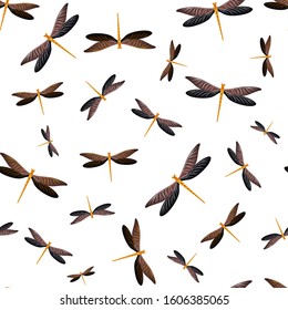 Dragonfly minimal seamless pattern. Summer dress fabric print with damselfly insects. Isolated water dragonfly vector background. Wildlife beings seamless. Damselflies with wings.