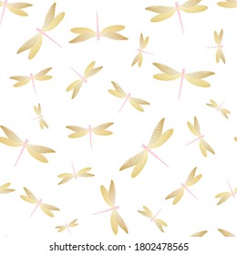 Dragonfly modern seamless pattern. Repeating clothes textile print with flying adder insects. Graphic water dragonfly vector wallpaper. Nature creatures seamless. Damselfly bugs.