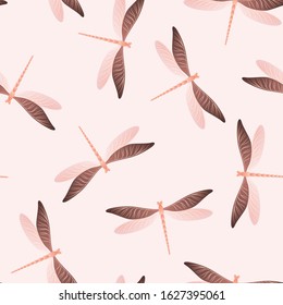 Dragonfly modern seamless pattern. Spring clothes textile print with darning-needle insects. Close up water dragonfly vector background. Fauna creatures seamless. Damselfly silhouettes.