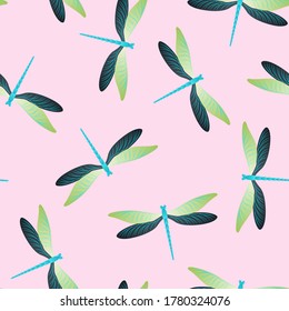 Dragonfly modern seamless pattern. Summer dress textile print with damselfly insects. Graphic water dragonfly vector illustration. Fauna organisms seamless. Damselfly silhouettes.