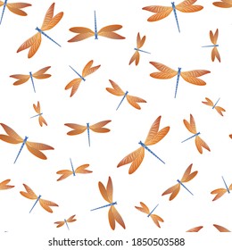 Dragonfly modern seamless pattern. Summer dress fabric print with darning-needle insects. Isolated water dragonfly vector background. Wildlife breathers seamless. Damselfly bugs.