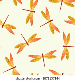 Dragonfly modern seamless pattern. Summer clothes textile print with darning-needle insects. Isolated water dragonfly vector background. Fauna breathers seamless. Damselflies with wings.