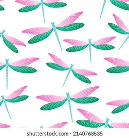 Dragonfly modern seamless pattern. Summer clothes fabric print with damselfly insects. Flying water dragonfly vector wallpaper. Fauna creatures seamless. Damselfly bugs.