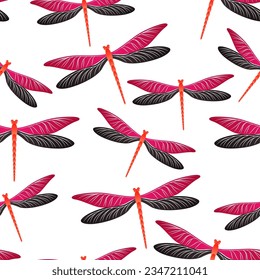 Dragonfly modern seamless pattern. Summer dress textile print with damselfly insects. Garden water dragonfly vector ornament. Fauna creatures seamless. Damselfly butterflies.
