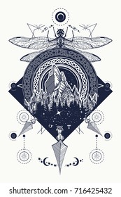 Dragonfly, mountains crossed arrows tattoo. Mystical symbols traveler, dreamer 