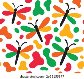 Dragonfly, multicolored, style
color blobs, seamless, suitable for fashion design, decoration, fabric, wallpaper and printing on white background