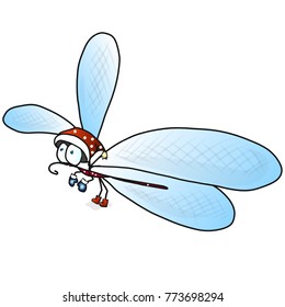 Dragonfly in a New Year's cap in blue mittens with snowflakes and red boots - winter vector illustration