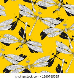 Dragonfly, odonata hand drawn seamless pattern. Sketch texture with damselfly. Entomology, biology vintage line art background. Textile, wallpaper, wrapping paper with linear and silhouette insects