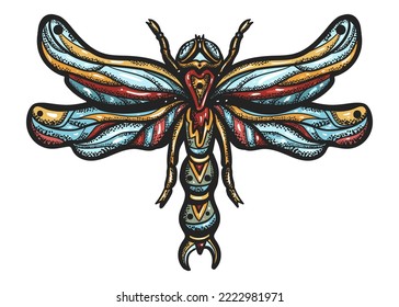 Dragonfly. Old school tattoo vector art. Hand drawn graphic. Isolated on white. Traditional flash tattooing style