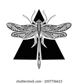 Dragonfly on a black triangle in ethnic style